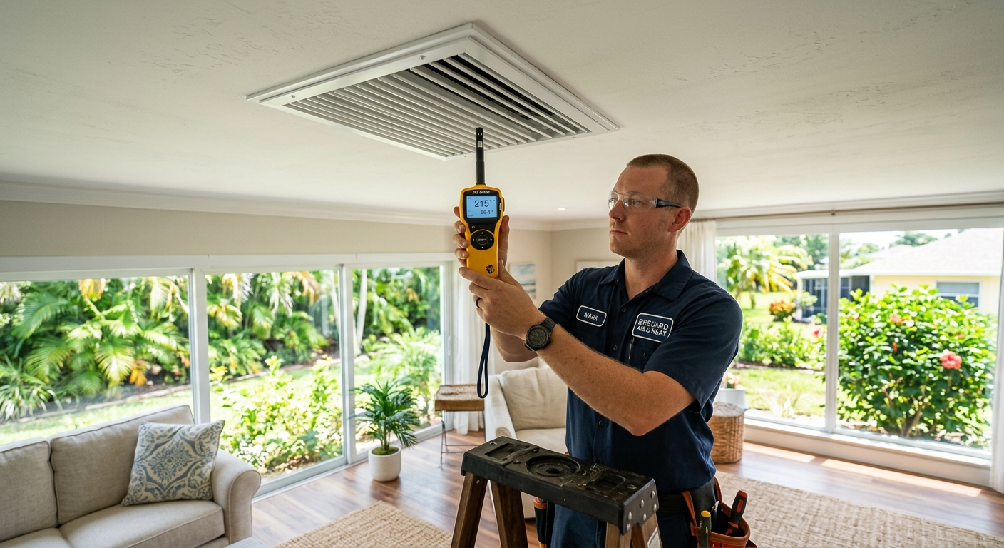 HVAC technician measuring low airflow from an AC vent in a Brevard County home