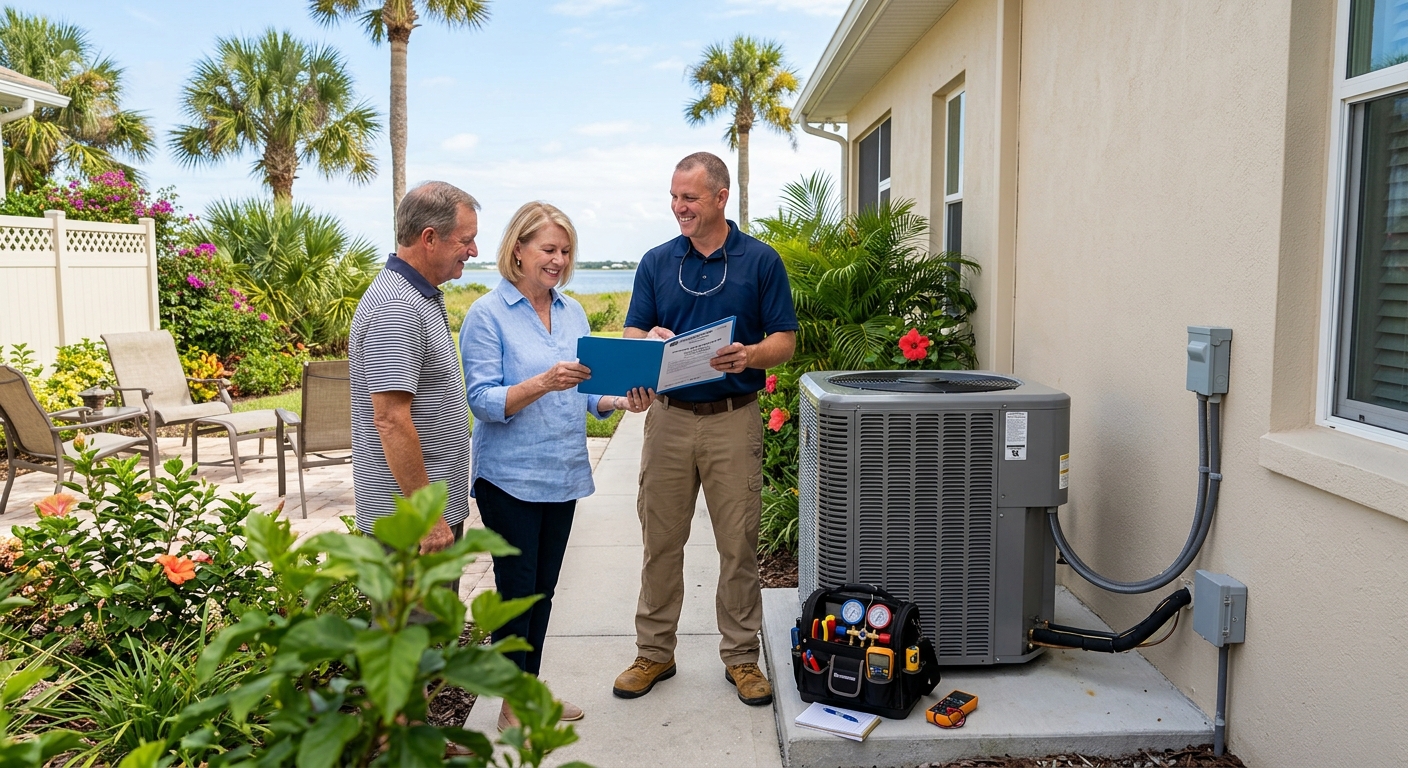 Brevard County homeowners reviewing Lifetime HVAC Warranty coverage with an HVAC professional