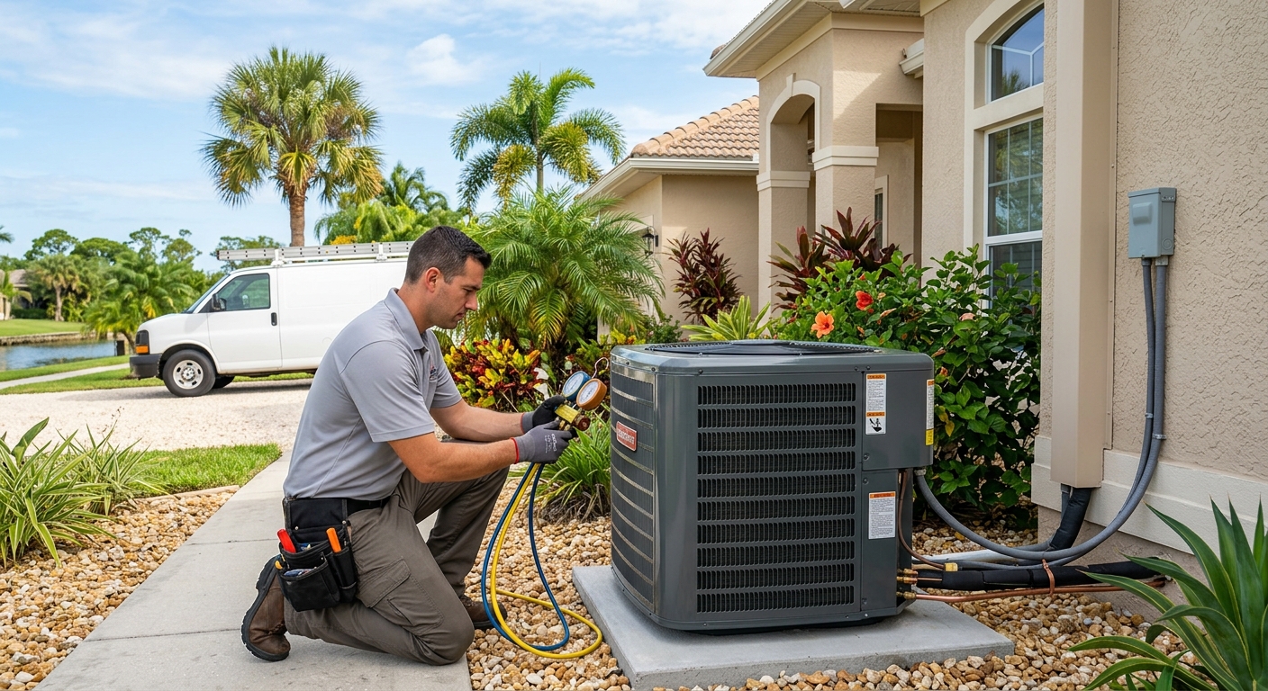 Technician checking heat pump efficiency at a Brevard County Florida home