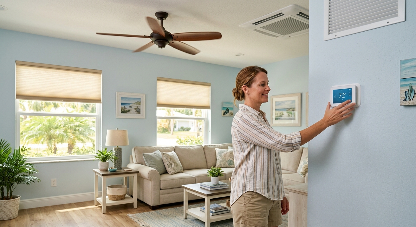 Brevard County homeowner adjusting a thermostat to lower AC electric bills during a Florida summer