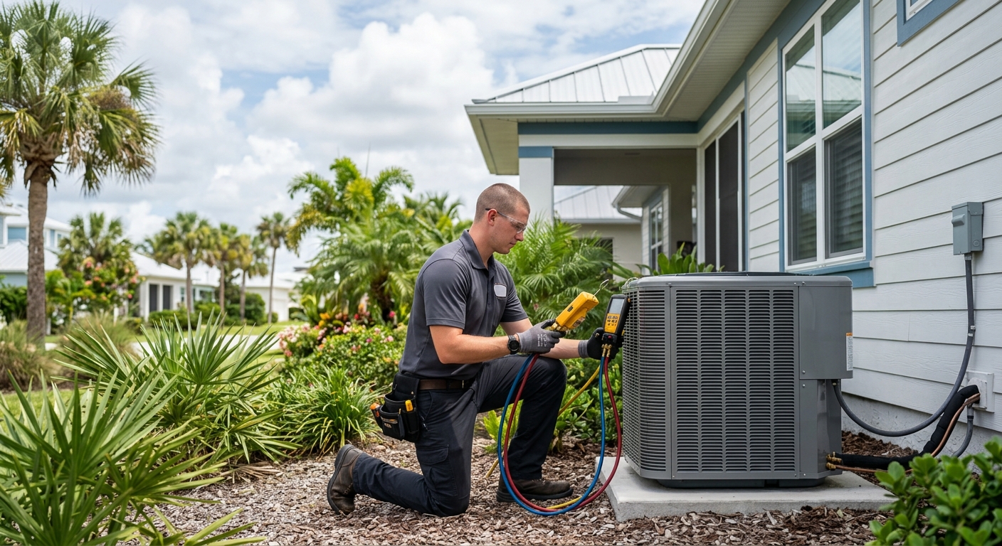 HVAC technician inspecting a modern air conditioner at a Brevard County home
