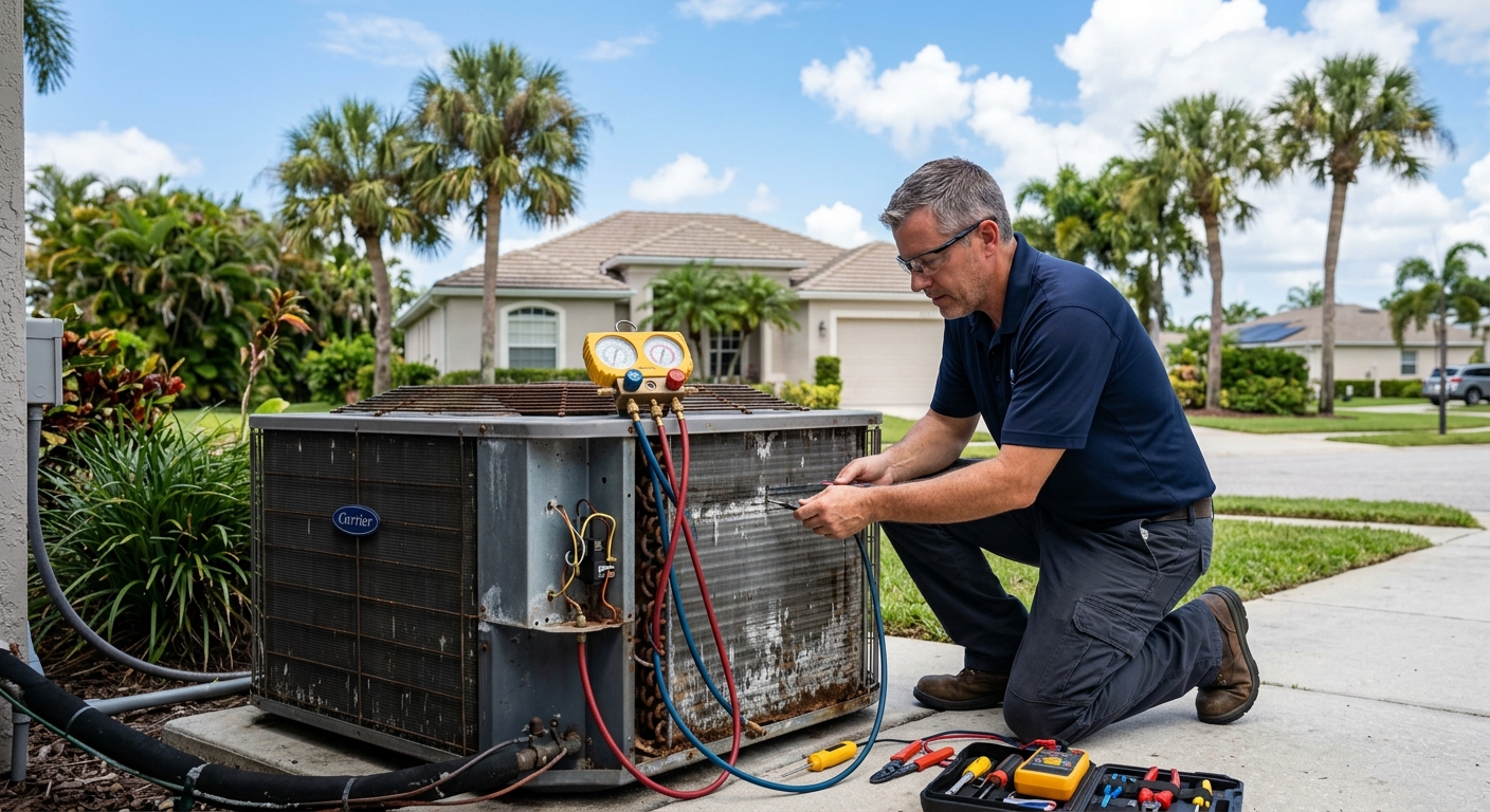 HVAC technician inspecting an older R-22 air conditioner at a Brevard County home
