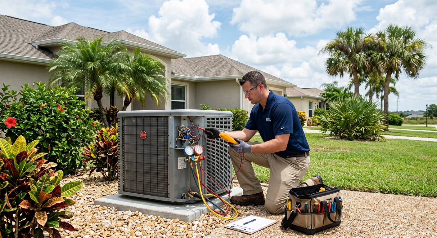 HVAC technician inspecting an AC unit that is not cooling at a Brevard County home