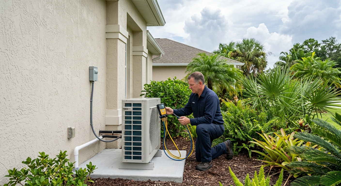 Technician inspecting an inverter AC system at a Brevard County, Florida home
