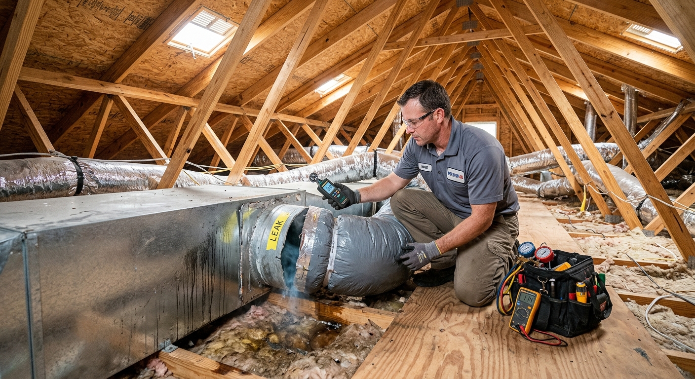 HVAC technician inspecting a leaking insulated air duct in a Brevard County home attic