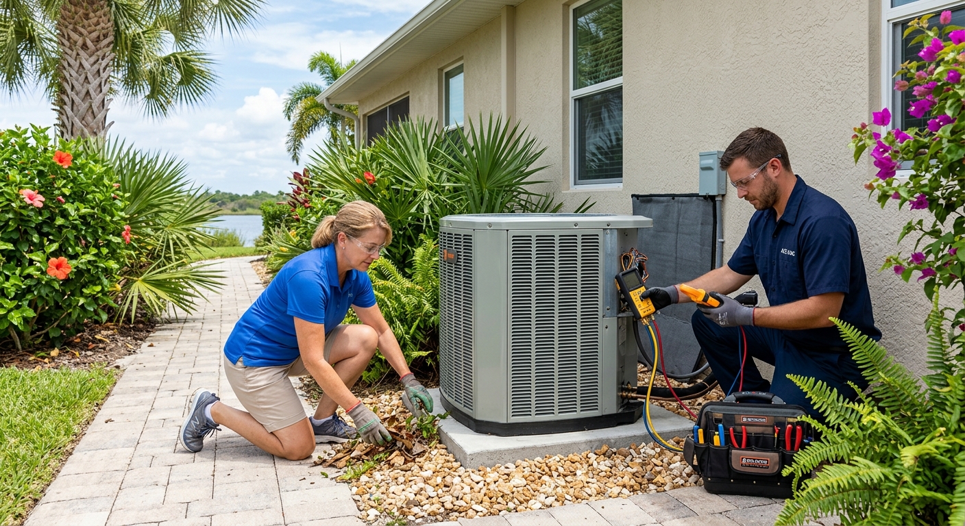 Homeowner and HVAC technician checking an outdoor AC unit before summer in Brevard County, Florida