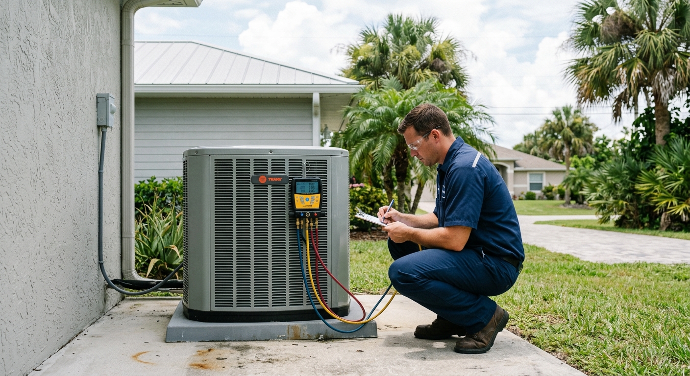 HVAC technician documenting air conditioner maintenance at a Brevard County home